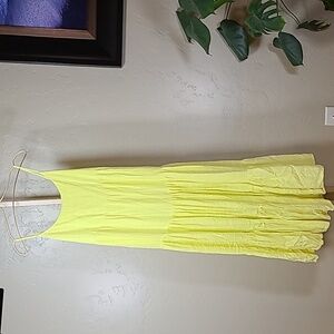 Haute Hippie Lemon Neon Yellow Tiered Ruffled Maxi Dress Smocked Back Pockets